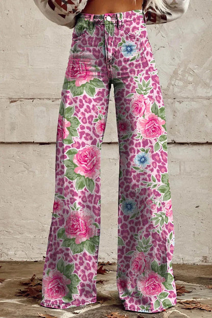 Women's Wild Rose Print Casual Wide Leg Pants