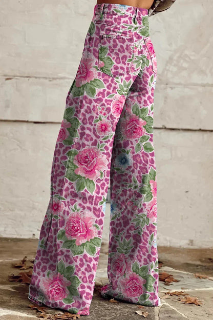 Women's Wild Rose Print Casual Wide Leg Pants