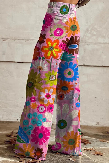 Women's Cartoon Flower Print Casual Wide Leg Pants