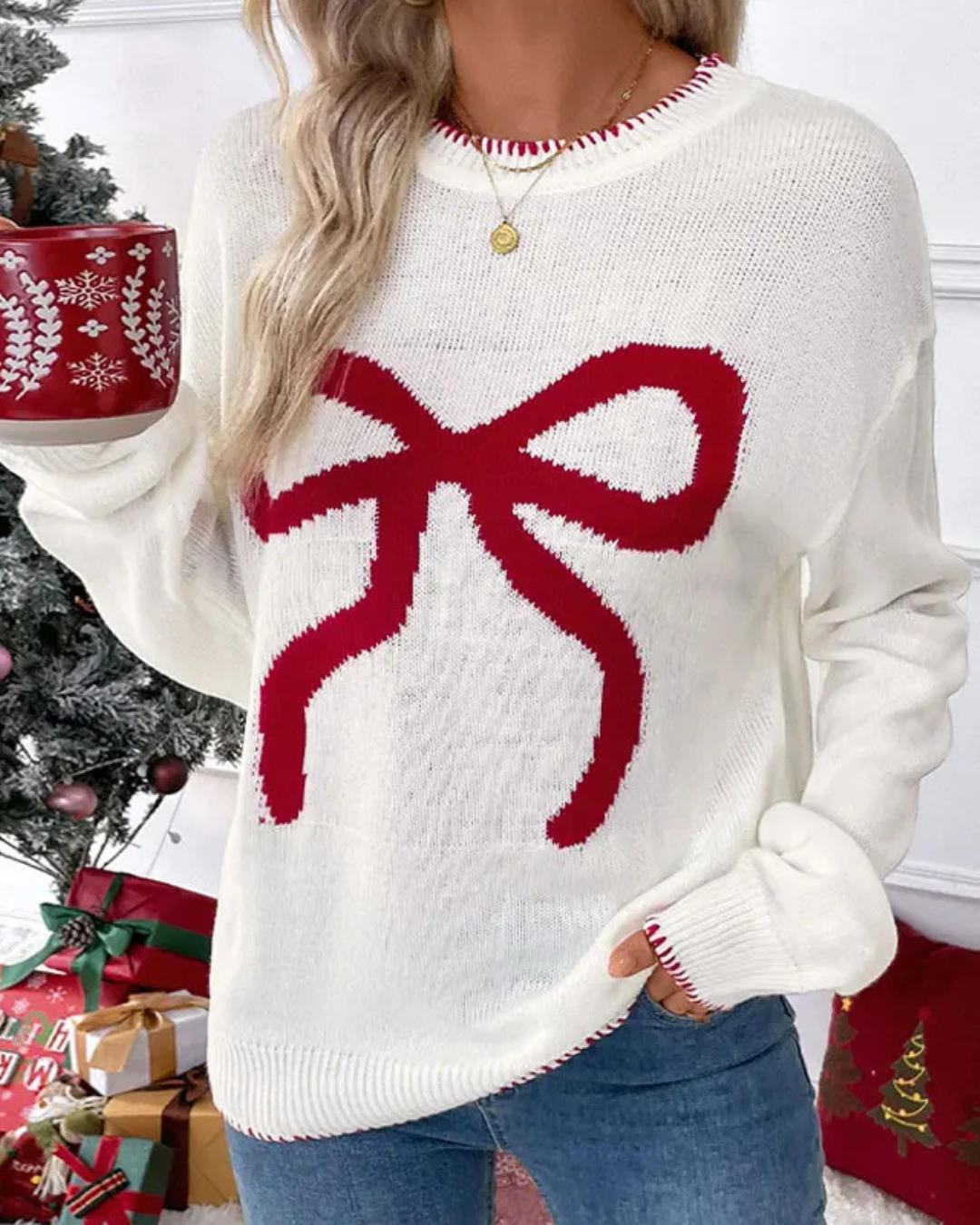 BE BEAU | Christmas Jumper With Bow Stitched Edge