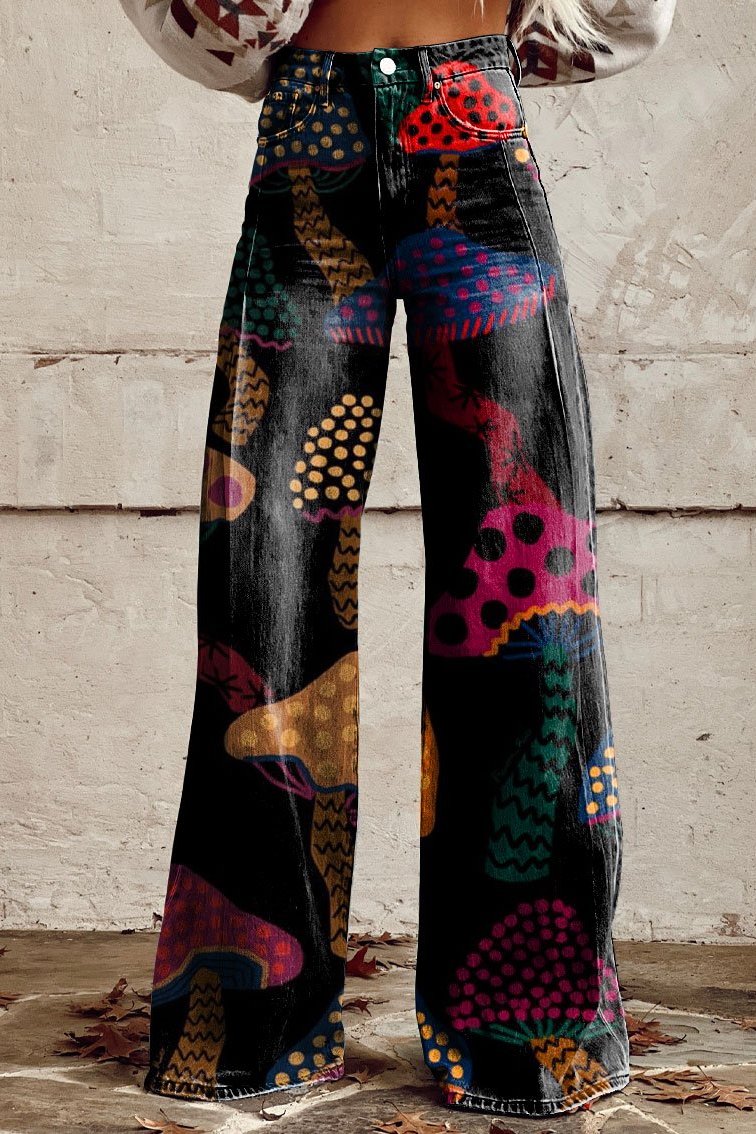 Women's Funky Mushroom Print Casual Wide Leg Pants