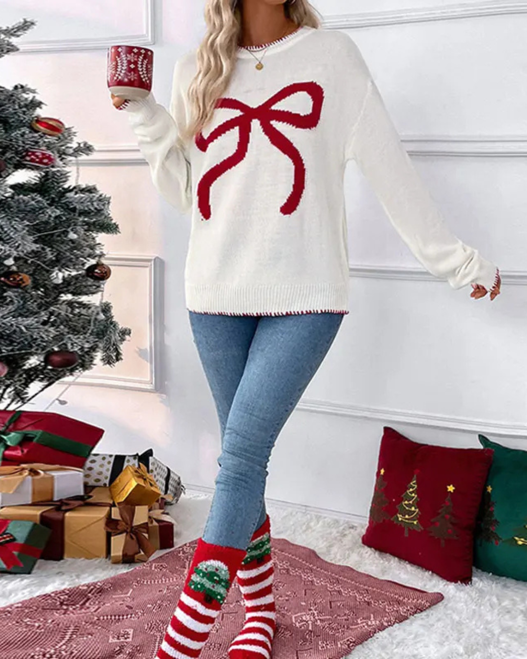 BE BEAU | Christmas Jumper With Bow Stitched Edge