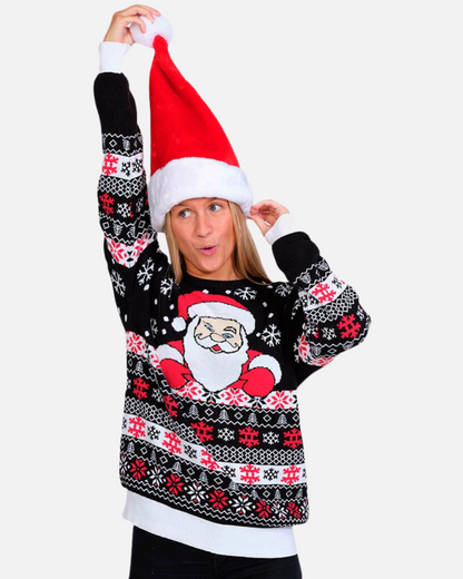 BE BEAU | Christmas Black Jumper with Santa and Snow