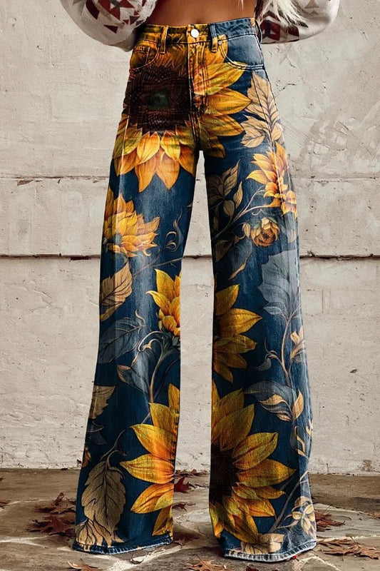 Women's Golden Sunflower Print Casual Wide Leg Pants