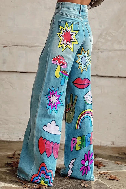 Women's Retro Love & Peace Print Casual Wide Leg Pants