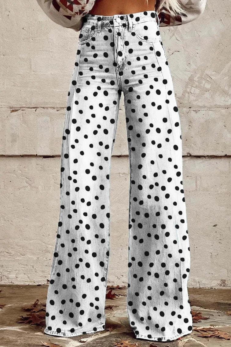 Women's Classic Polka Dot Print Casual Wide Leg Pants