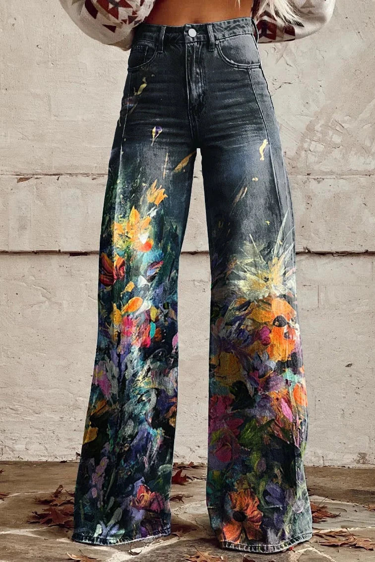 Women's Blossom Art Print Casual Wide Leg Pants