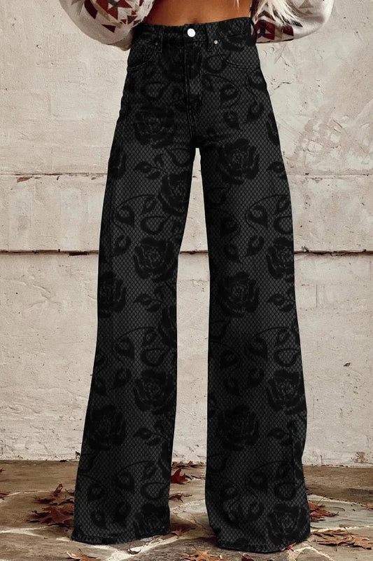 Women's Roses Lace Pattern Printed Casual Wide Leg Pants