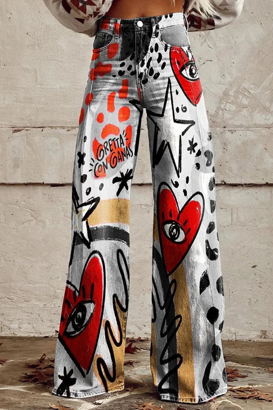 Women's Graffiti Heart Print Casual Wide Leg Pants