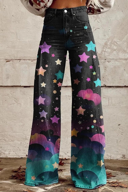 Women's Starry Night Print Casual Wide Leg Pants