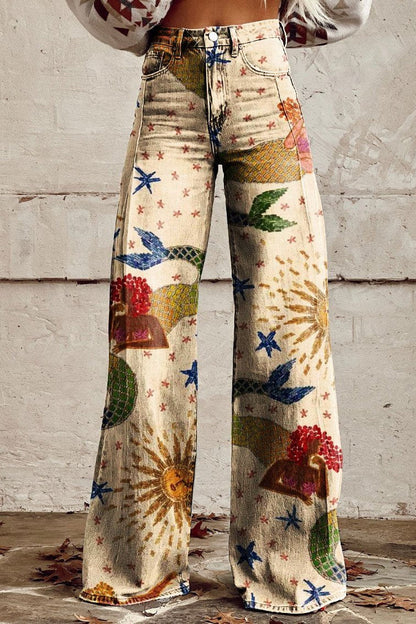 Women's Celestial Charm Print Casual Wide Leg Pants