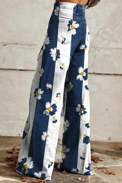 Women's Bold Daisy Stripe Print Casual Wide Leg Pants