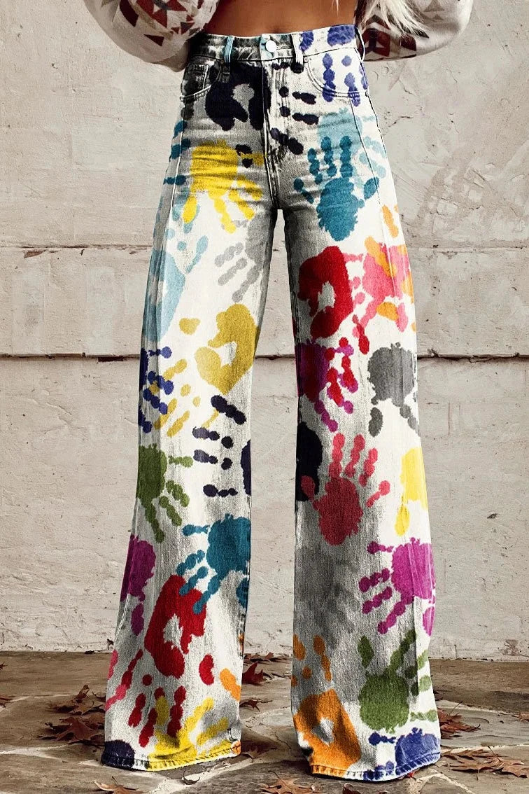 Women's Colourful Handprint Print Casual Wide Leg Pants