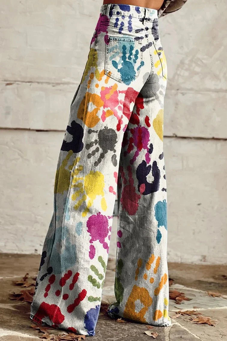 Women's Colourful Handprint Print Casual Wide Leg Pants