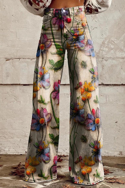 Women's Meadow Bloom Print Casual Wide Leg Pants