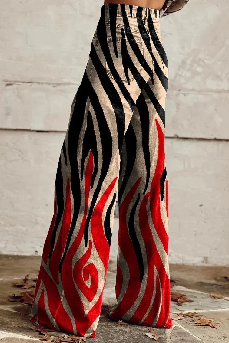 Women's Wild Zebra Flame Print Casual Wide Leg Pants