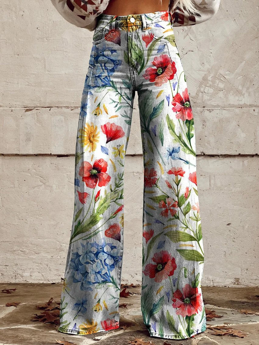 Women's Watercolor Garden Print Casual Wide Leg Pants