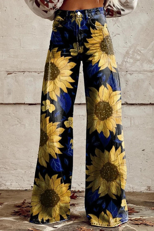 Women's Sunflower Radiance Print Casual Wide Leg Pants