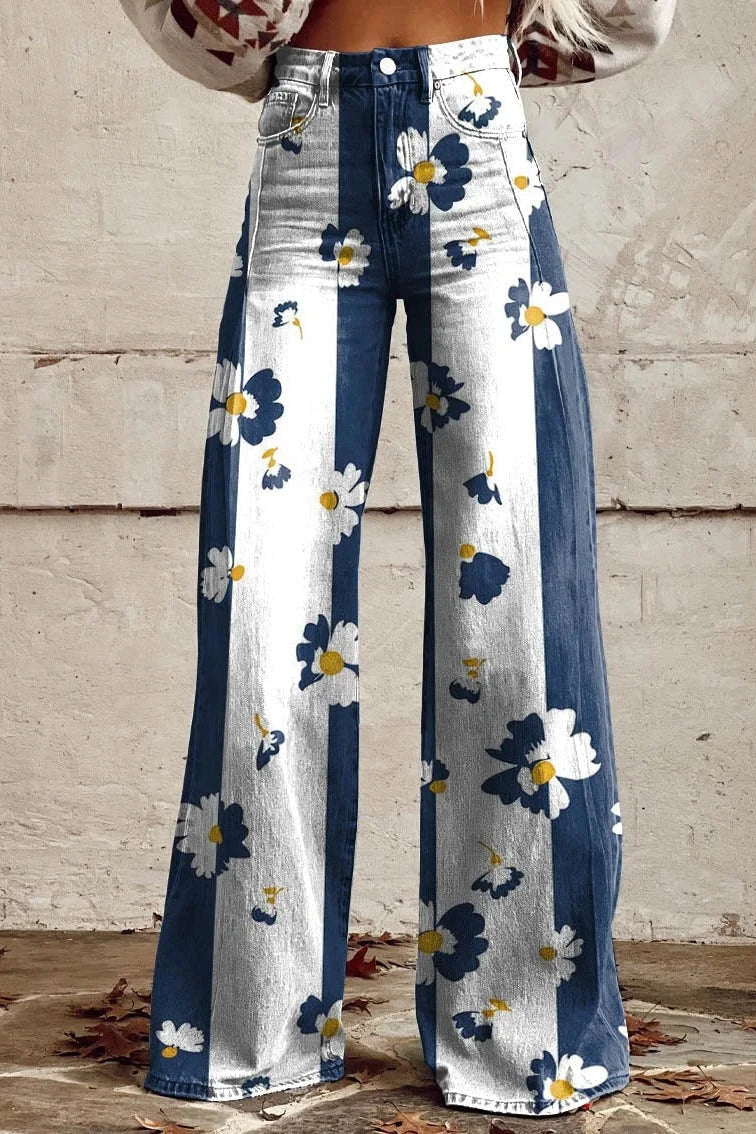 Women's Bold Daisy Stripe Print Casual Wide Leg Pants