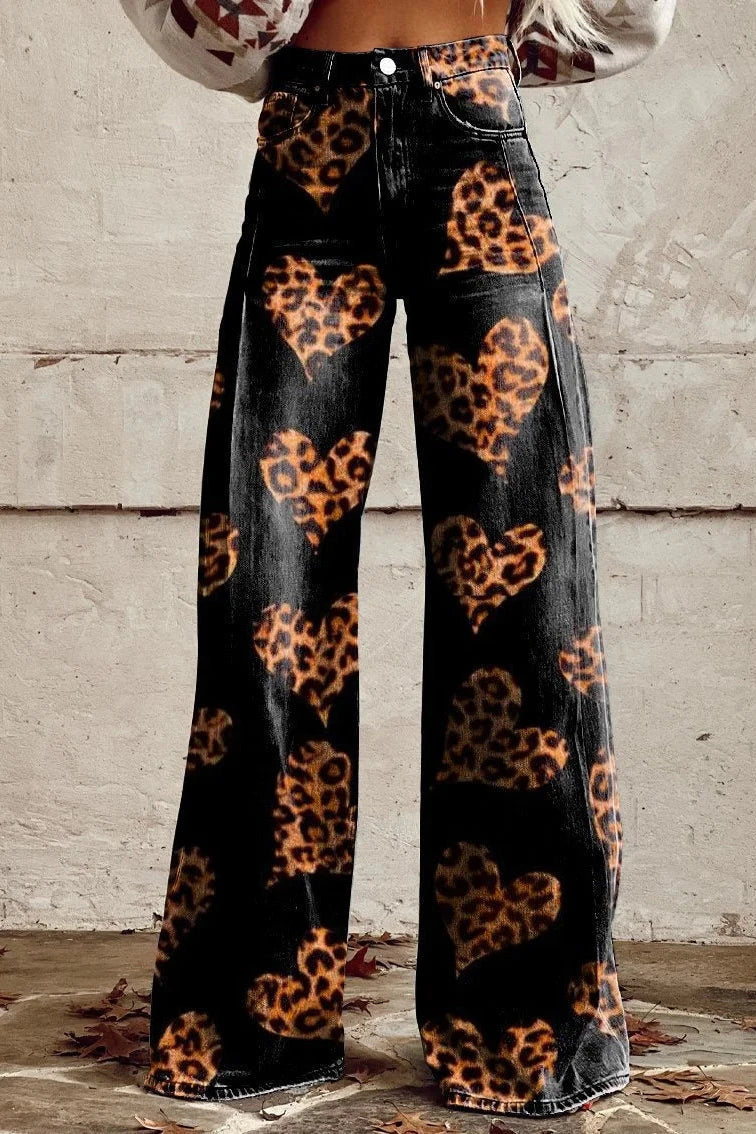 Women's Leopard Heart Print Casual Wide Leg Pants