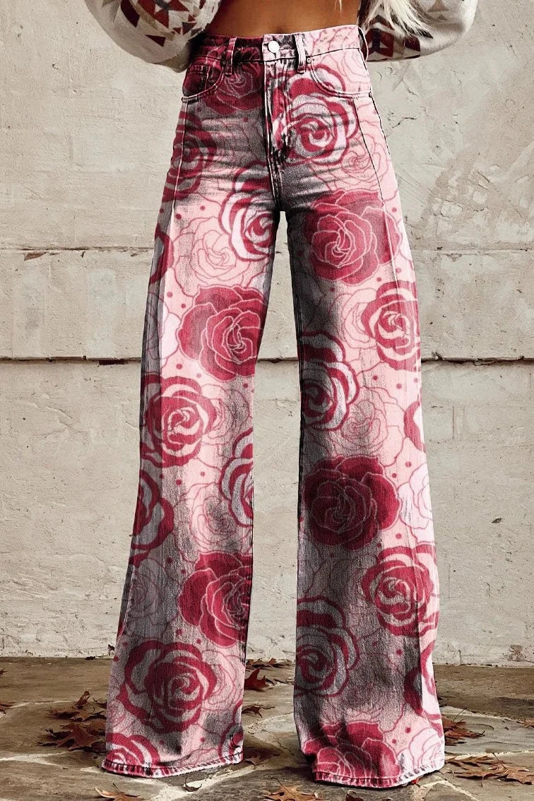 Women's Rose Allure Print Casual Wide Leg Pants