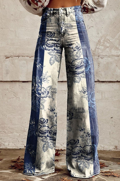 Women's Vintage Bloom Print Casual Wide Leg Pants