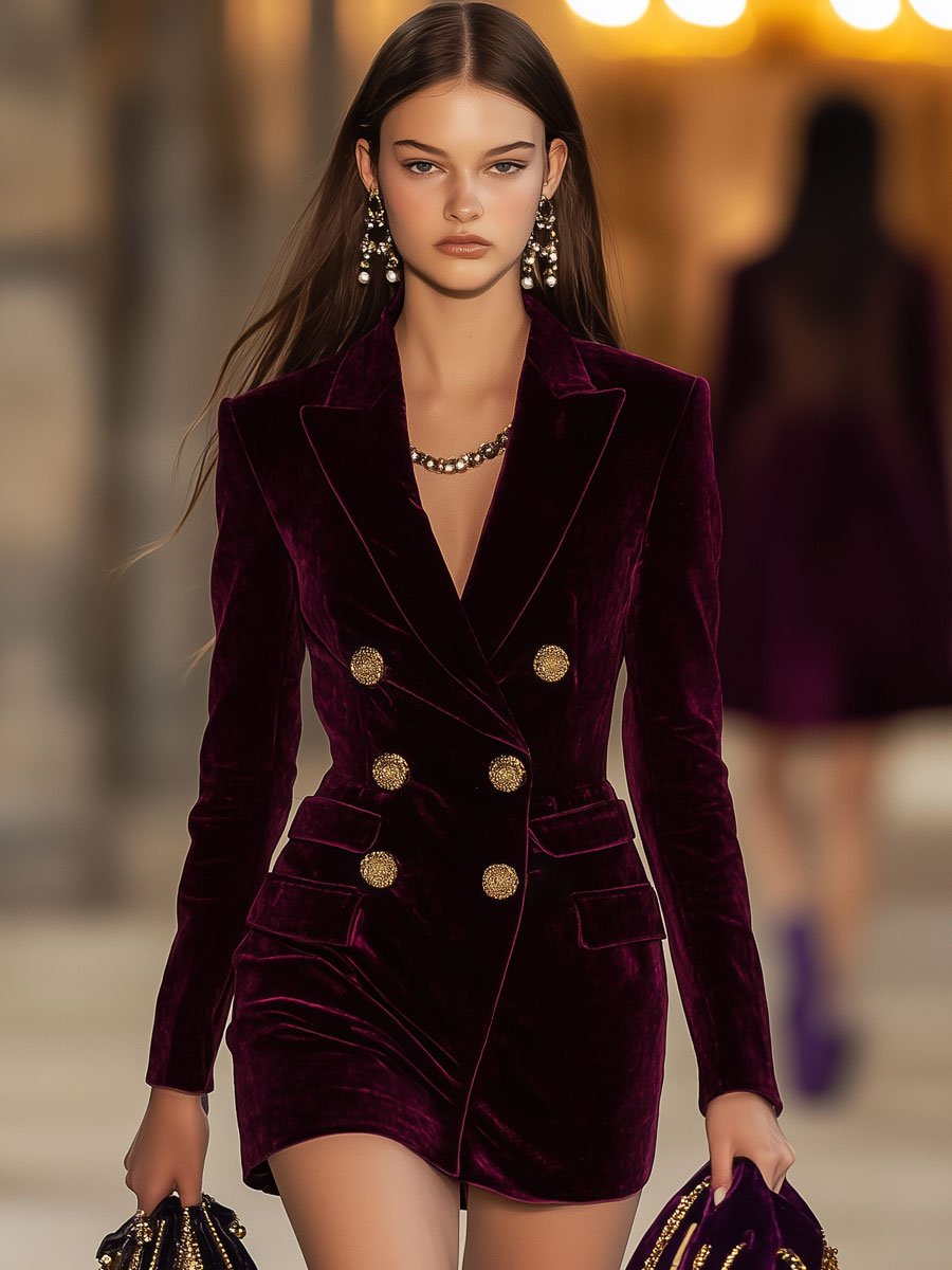 BEBEAU | Red Velvet Double-Breasted Blazer Dress